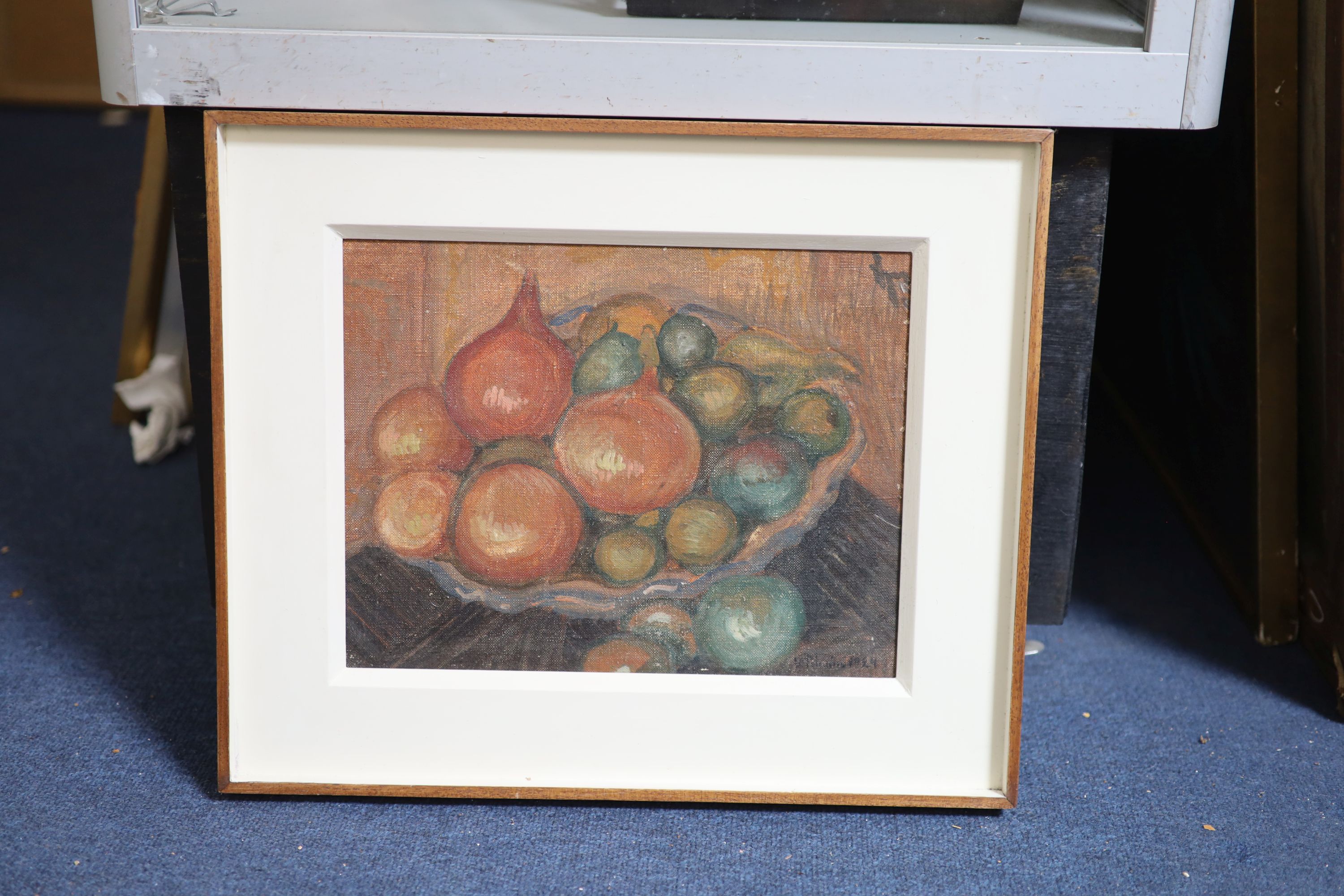 Vladimir Polunin (Russian, b.1880), Still life of fruit and onions in a bowl, oil on canvas board, 24 x 31cm